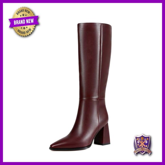 Knee High Boots Pointed Toe Chunky Heel Tall Zipper Boots Women's Shoes